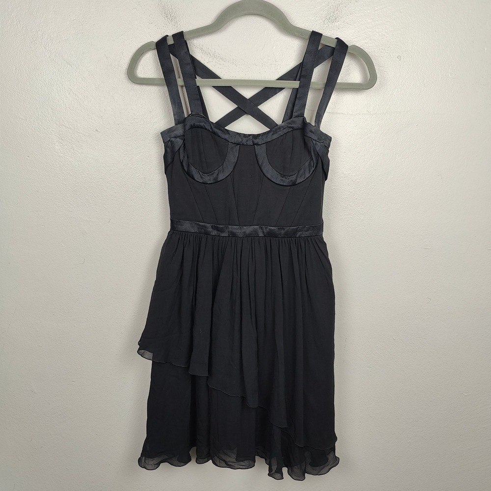 H&M x Versace Silk Dress Women XS Black Corset Bustier Strap Mini Layered Ruffle - Picture 3 of 8